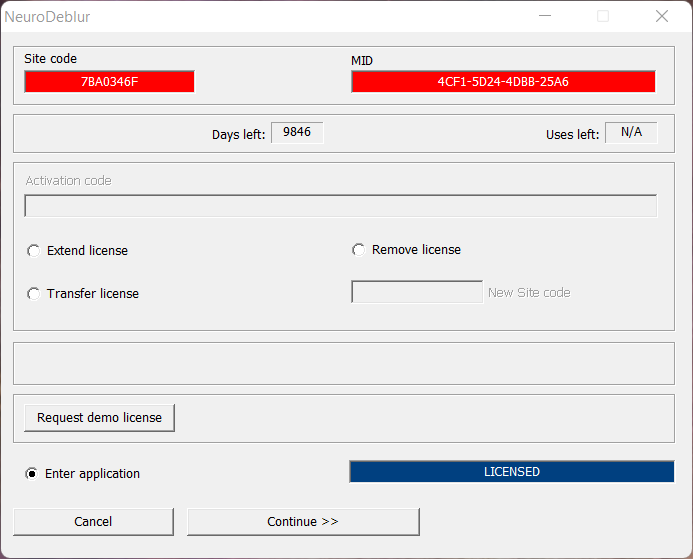 Screenshot licensing dialog